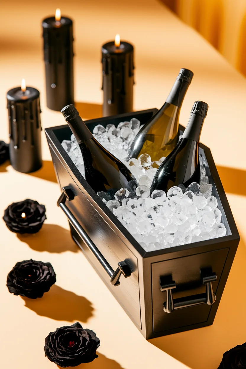 Coffin-shaped cooler with champagne bottles on ice, surrounded by black candles and roses for a spooky celebration.