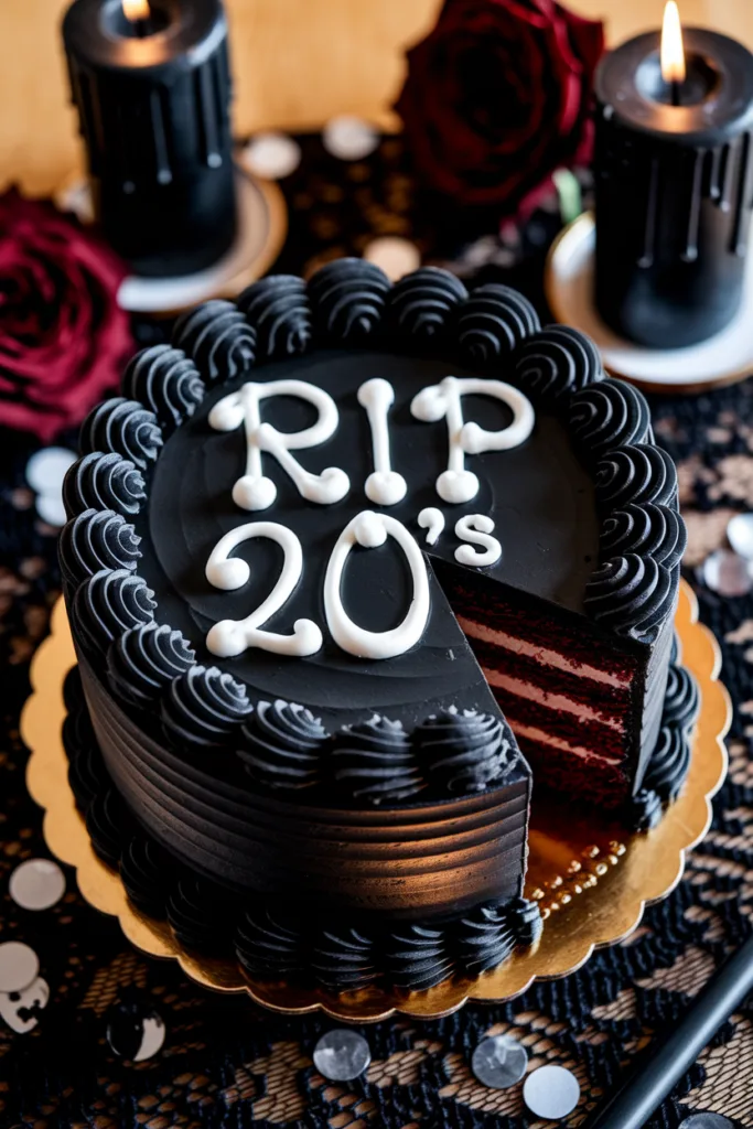 Black birthday cake with RIP 20's icing, surrounded by candles and roses, slice removed.