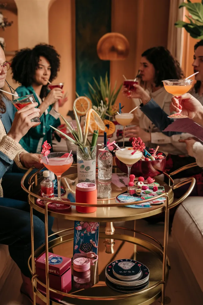 Friends enjoying cocktails around a stylish bar cart with colorful drinks and snacks. Cozy gathering atmosphere.