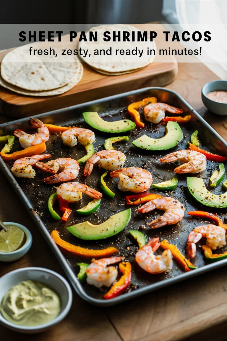 Sheet pan shrimp tacos with avocado and peppers, fresh and zesty, ready in minutes.