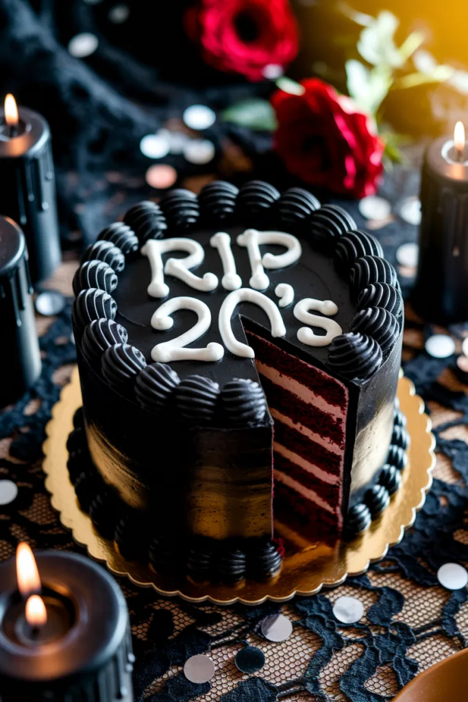 Black birthday cake with RIP 20's on top, surrounded by candles and roses. Slice removed showing layers.