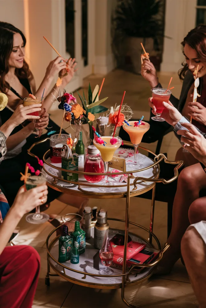 Group enjoying cocktails at a party with a decorative drink cart. Festive atmosphere with eclectic drinks and decor.