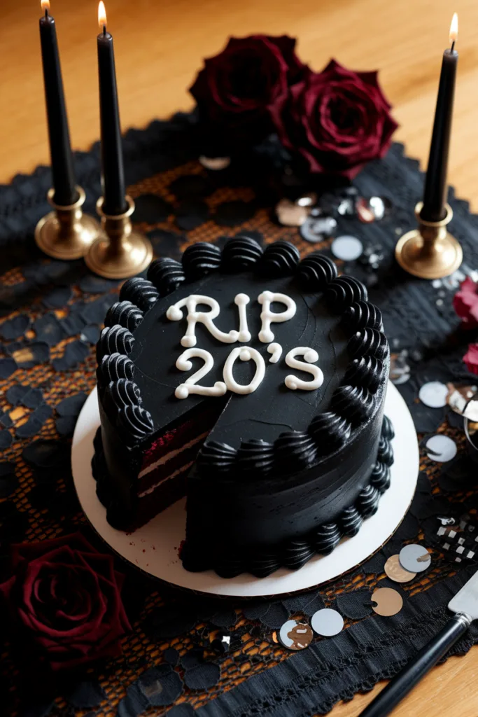 Black cake with RIP 20's writing, surrounded by candles and roses, celebrating the end of a decade.