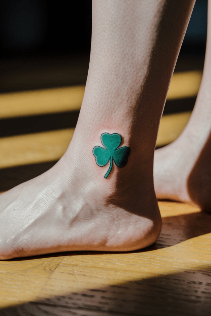 Green clover tattoo on ankle, symbolizing luck and new beginnings, with soft lighting highlighting the design.