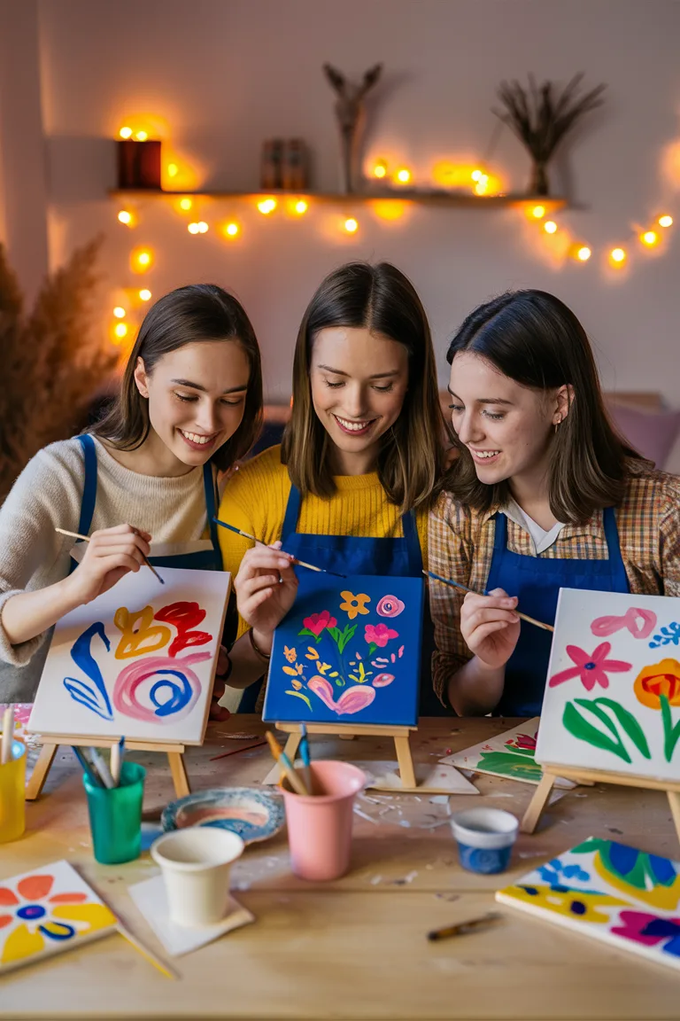 Three women painting vibrant canvases at a cozy, illuminated art studio. Creative and joyful atmosphere.