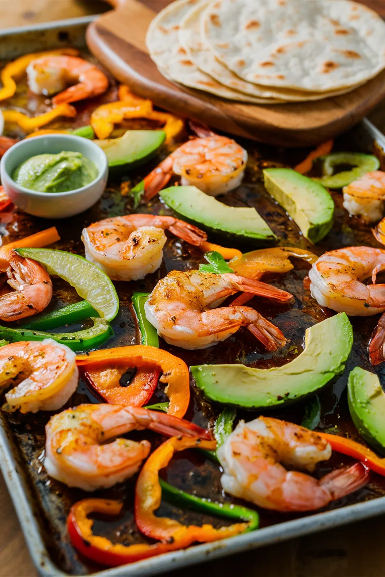 Sheet pan shrimp fajitas with bell peppers, avocado, lime, and tortillas, served with green sauce.