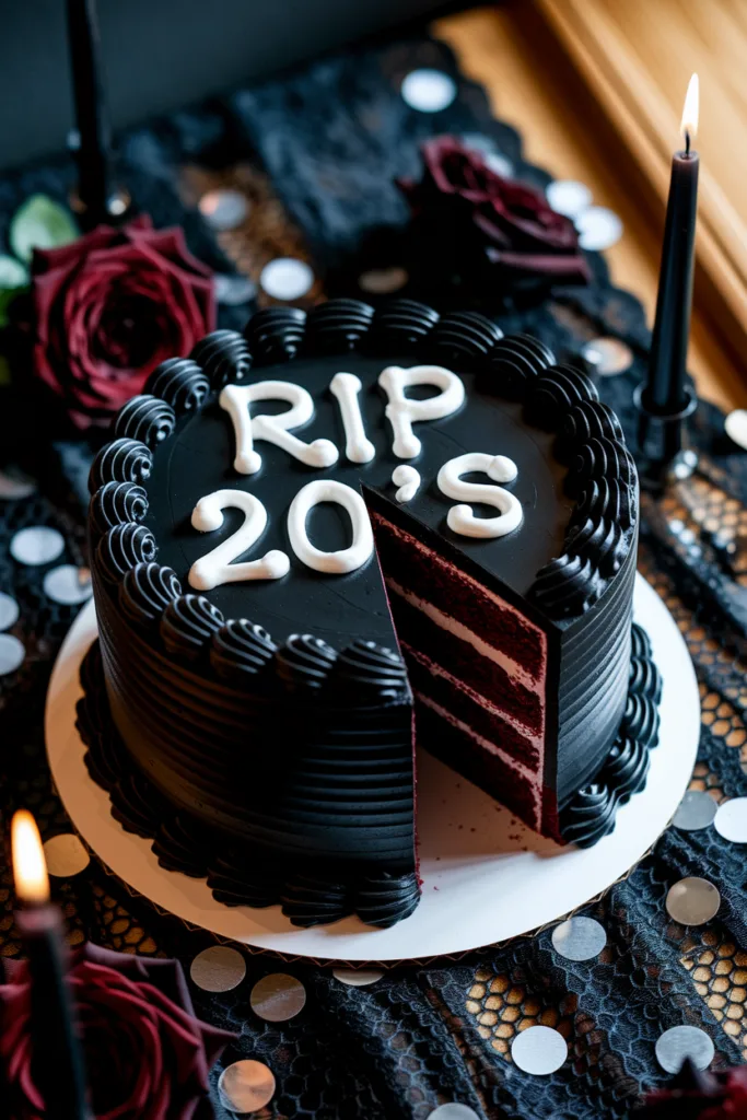 Black cake with RIP 20's text, a slice missing, decorated with roses and candles, on a festive table.