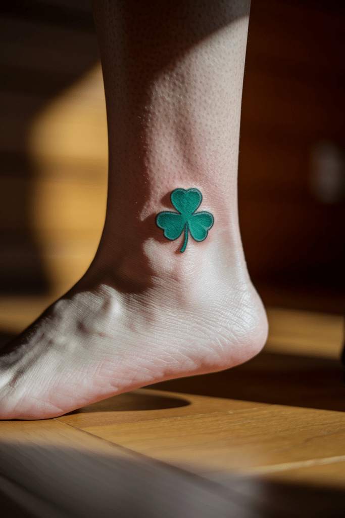 Green shamrock tattoo on ankle, wooden floor background, symbol of luck and Irish heritage.