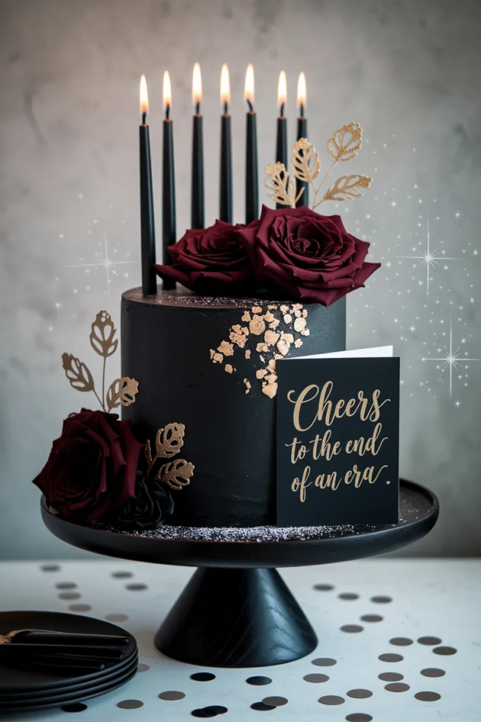 Elegant black cake with roses, gold details, and candles. Card reads Cheers to the end of an era.