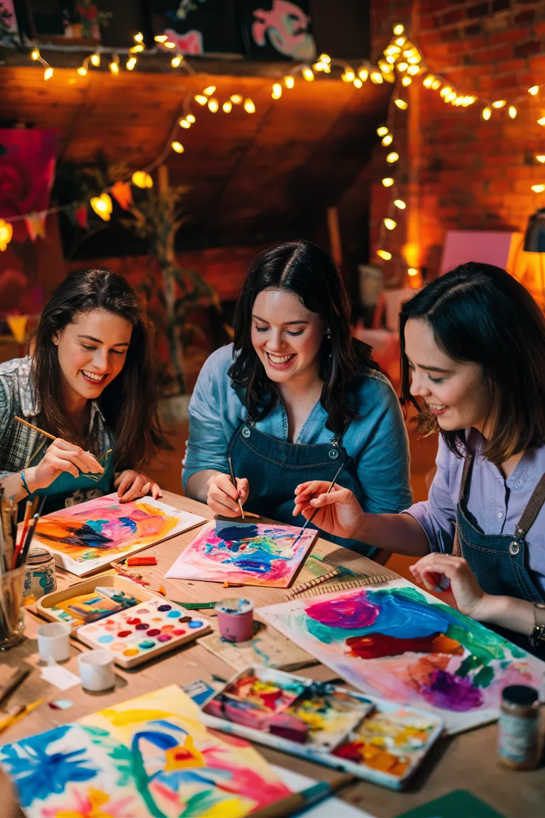 Group of women painting together at a colorful art session, surrounded by bright fairy lights.