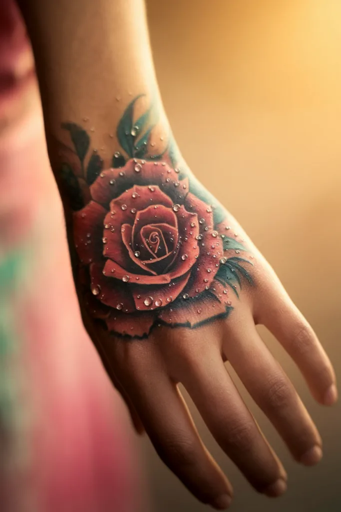 Hand with a vibrant rose tattoo and dewdrops, set against a warm, blurred background. Perfect for tattoo design inspiration.