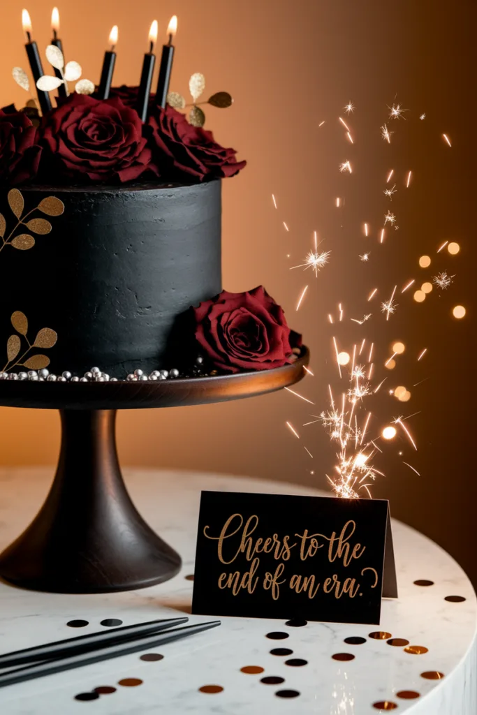 Black cake with red roses and candles on a stand beside a sparkler and note reading Cheers to the end of an era.