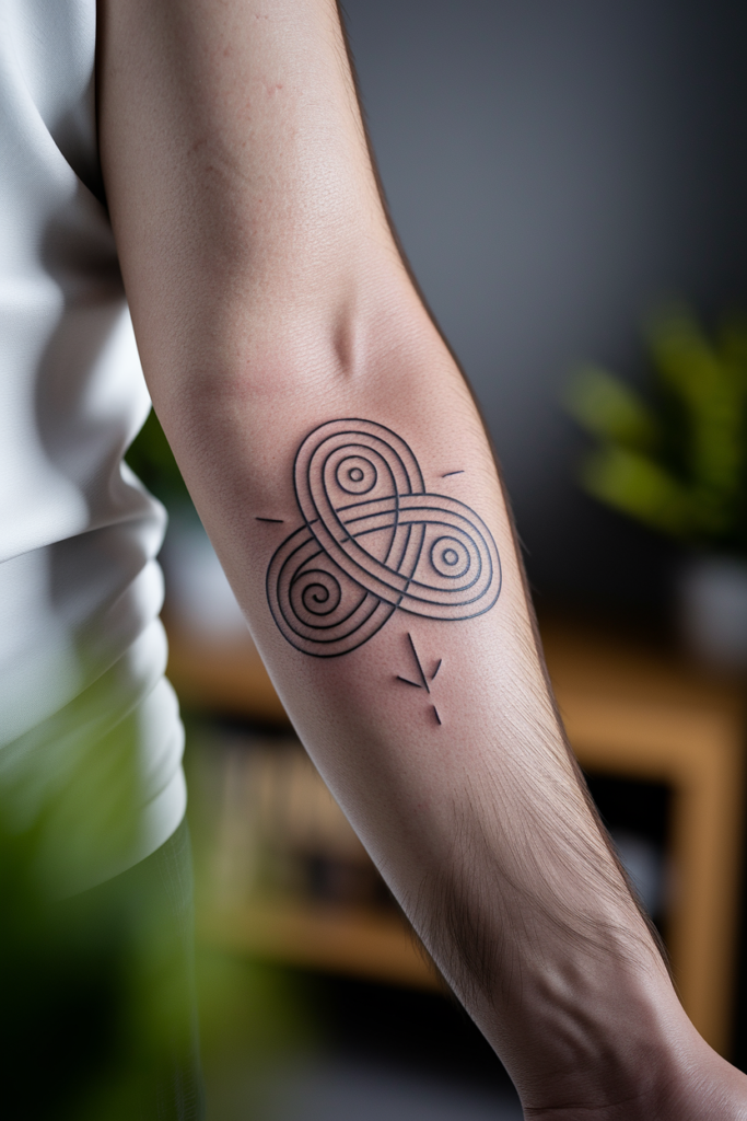 Geometric tattoo design on forearm with loops and spirals, minimalistic style in black ink.