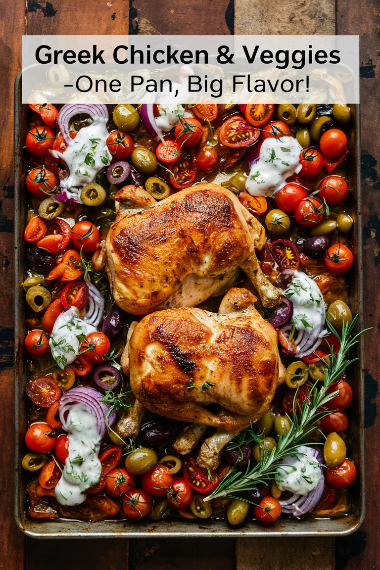 Greek chicken and veggies on a tray, featuring tomatoes, olives, and herbs. One-pan flavorful meal.