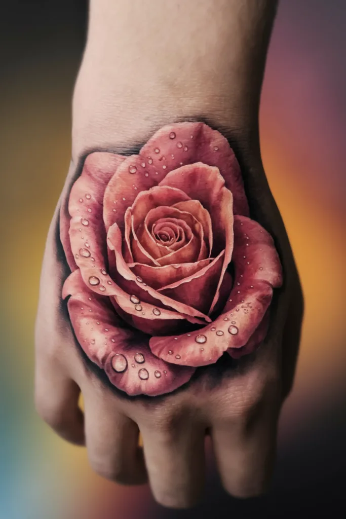 Realistic rose tattoo with water droplets on a hand, set against a blurred colorful background.