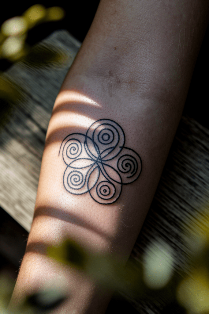 Intricate spiral tattoo with abstract design on forearm under soft sunlight, surrounded by blurred leaves.