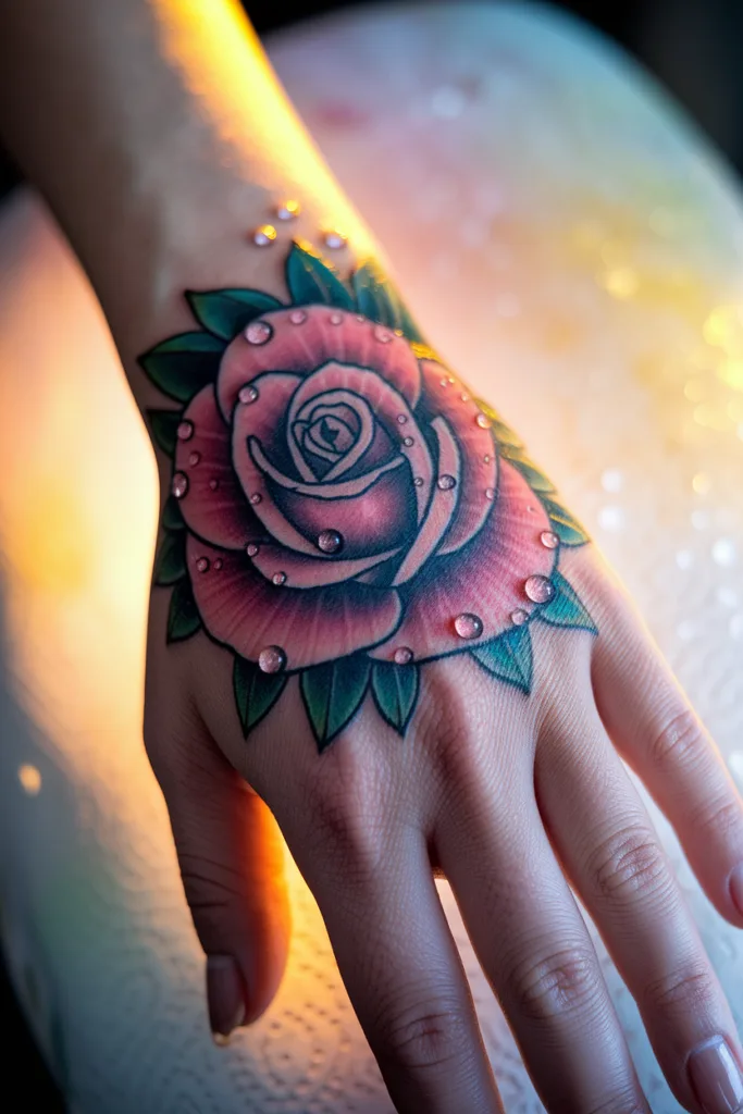 Beautiful hand tattoo of a dew-covered rose with leaves under warm light.