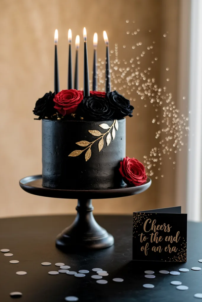 Elegant black cake with candles, adorned with red and black roses, gold leaves, and card reading Cheers to the end of an era.