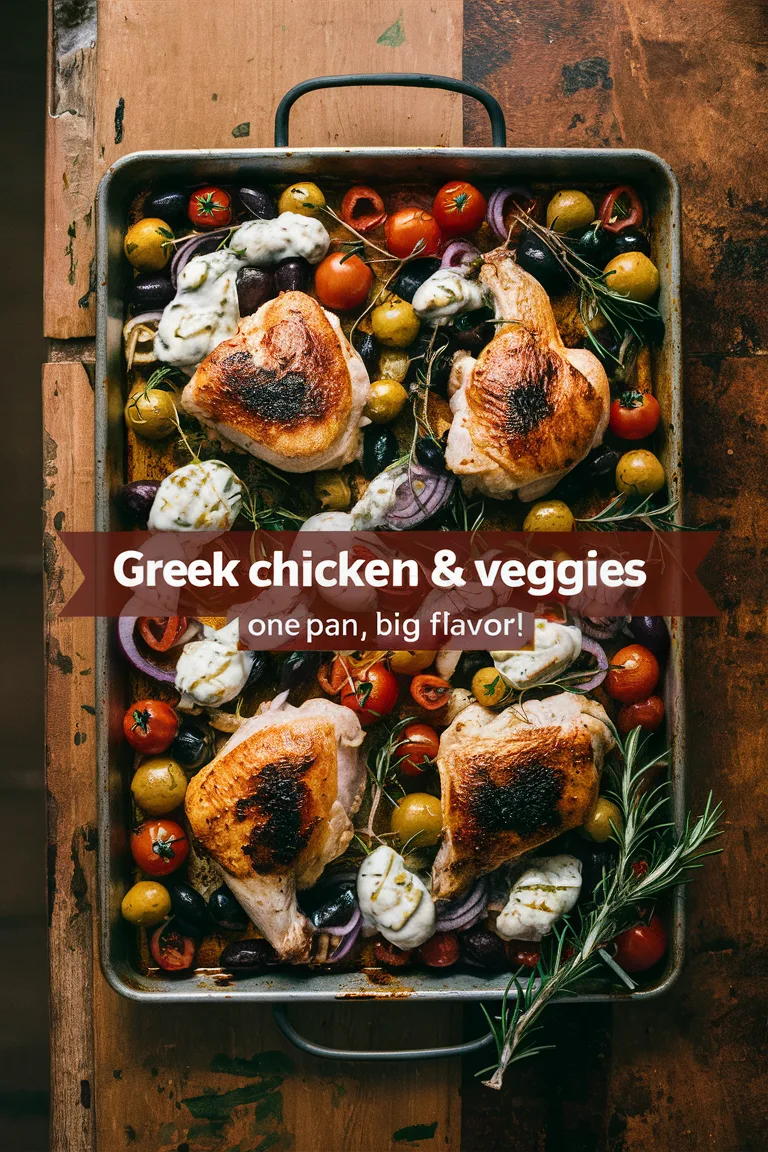 Delicious Greek chicken with vegetables in a pan, garnished with herbs, ready to serve. One-pan meal delight!