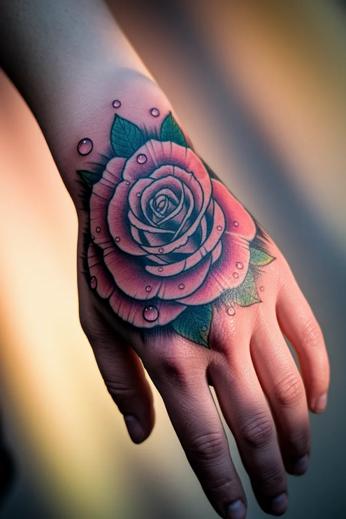 Hand with vibrant rose tattoo and water droplets, showcasing detailed design and colorful art.