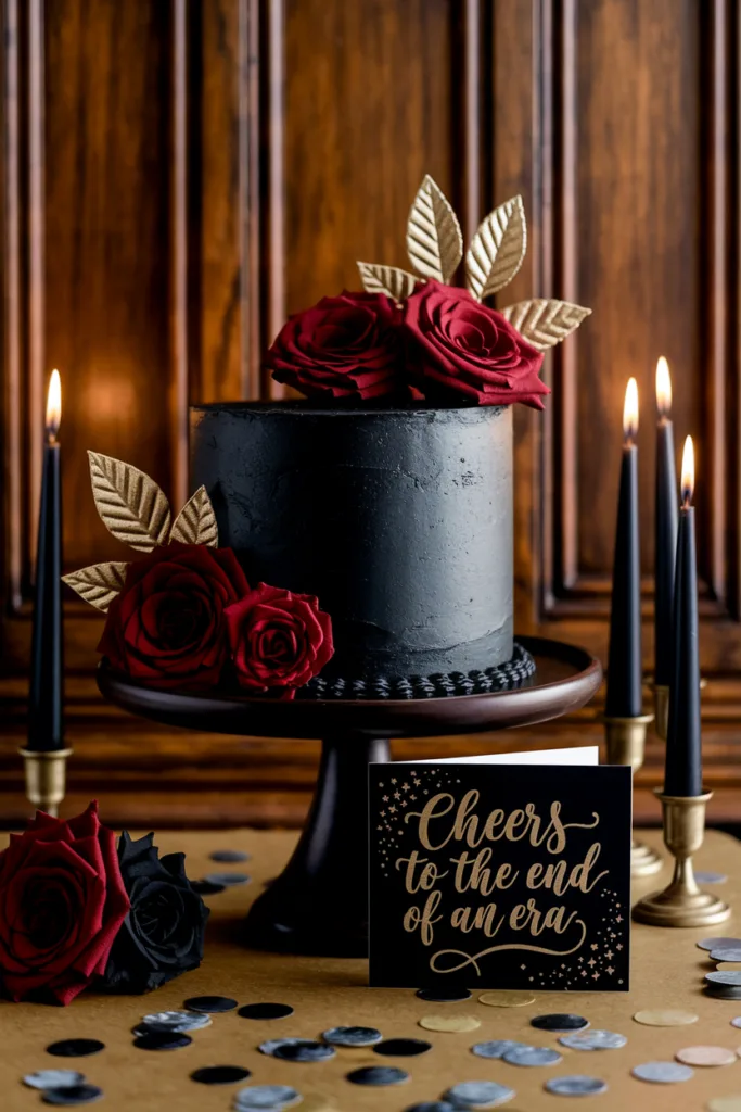 Elegant black and red cake with roses and candles; card says Cheers to the end of an era.