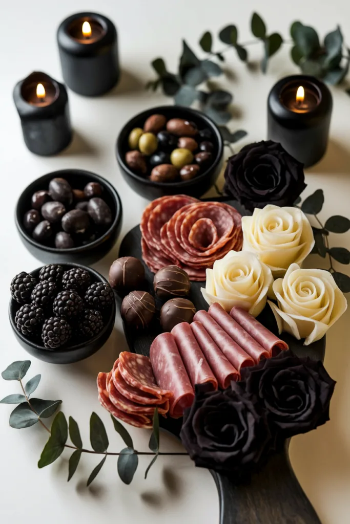 Elegant charcuterie board with meats, cheeses, olives, blackberries, chocolates, candles, and decorative roses.