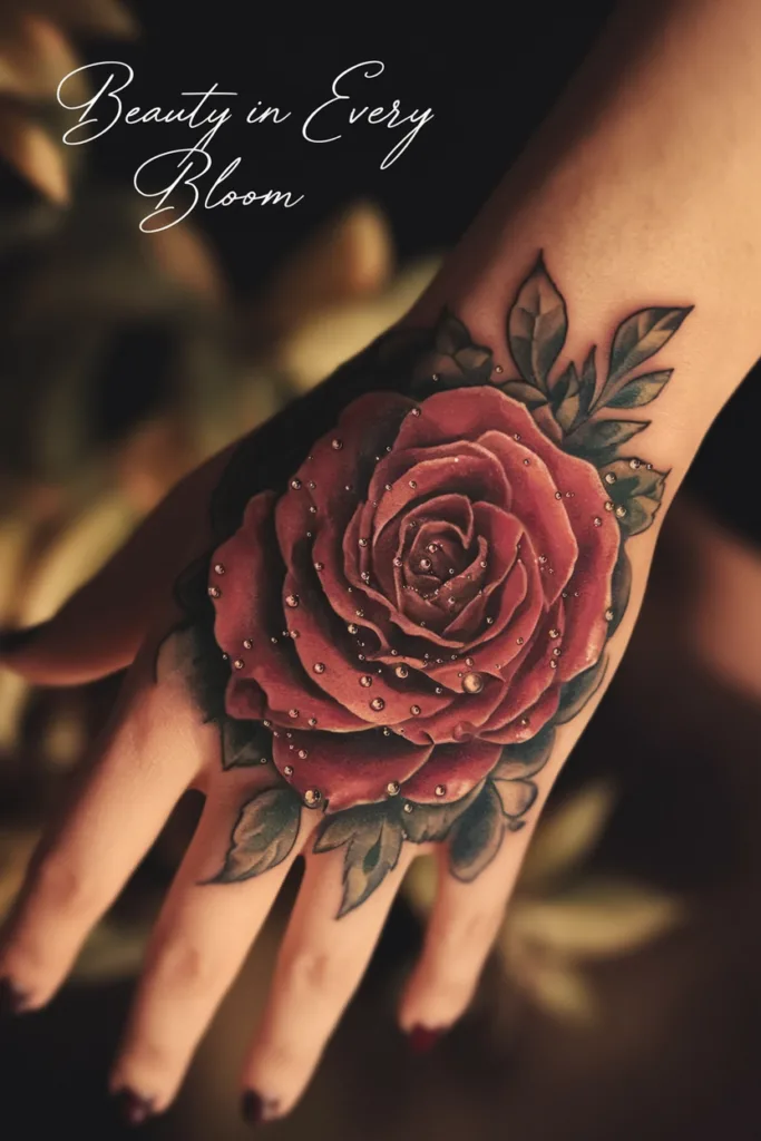 Hand tattoo with a red rose and leaves, dew drops detail; text Beauty in Every Bloom in cursive script.