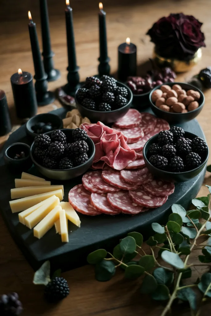 Charcuterie board with cheeses, salami, blackberries, almonds, and black candles on a wooden table.