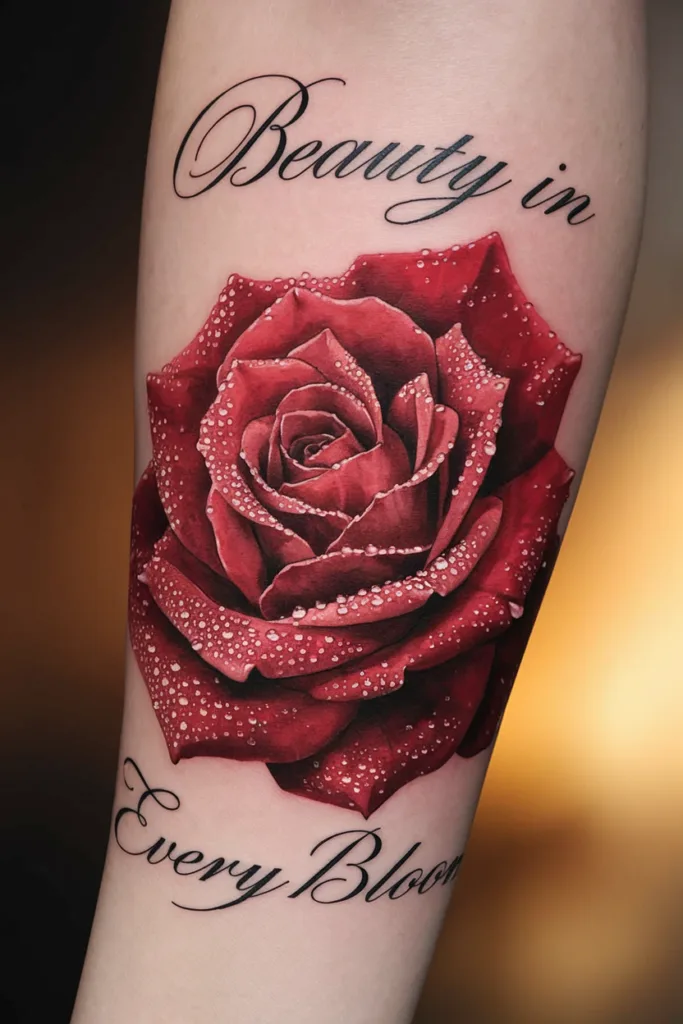 Realistic red rose tattoo with dew drops and Beauty in Every Bloom text on skin.