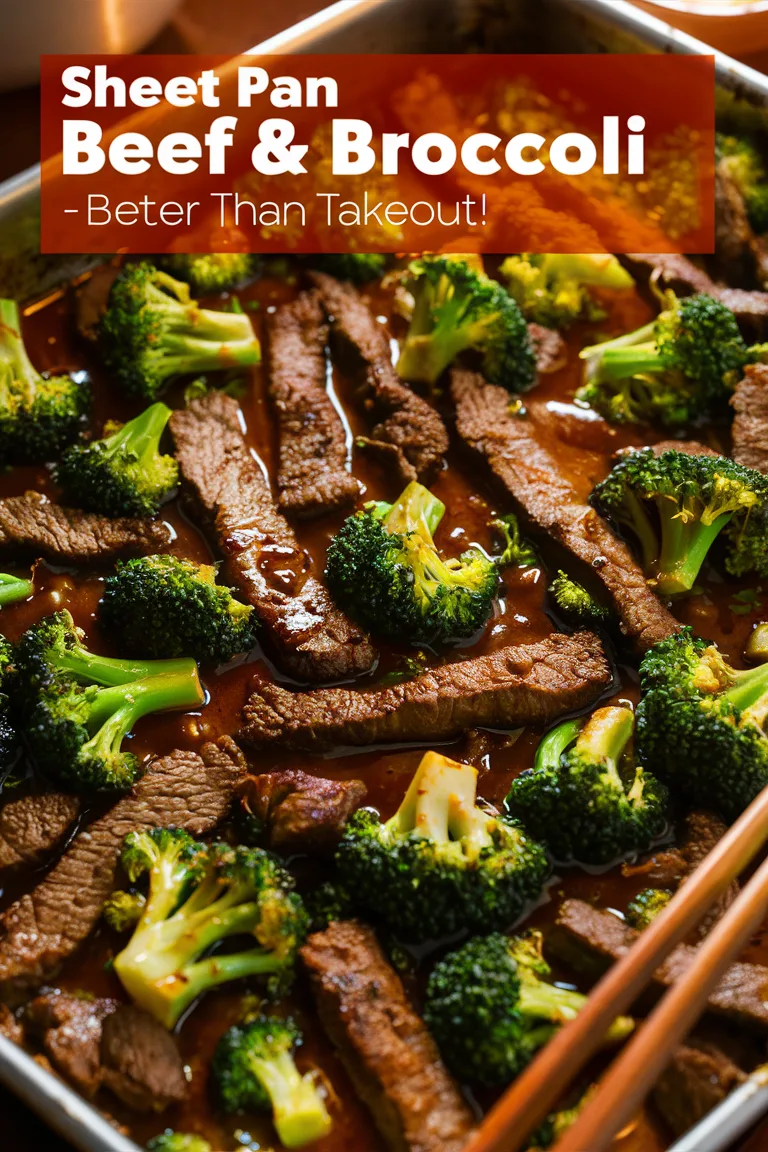 Sheet pan beef and broccoli with sauce, showcasing a homemade takeout alternative dish.