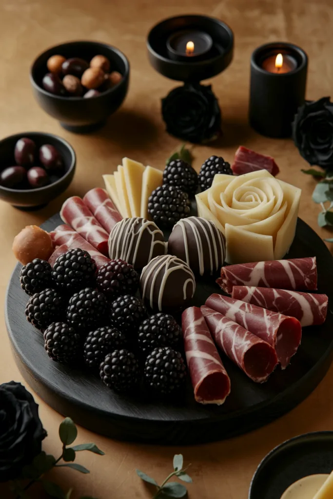 Elegant charcuterie board with blackberries, meats, cheese, and chocolates on a dark setting. Perfect for gourmet dining.