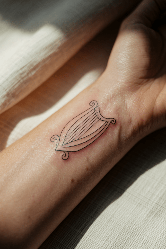 Minimalist harp tattoo on a forearm, captured in natural light on textured fabric.