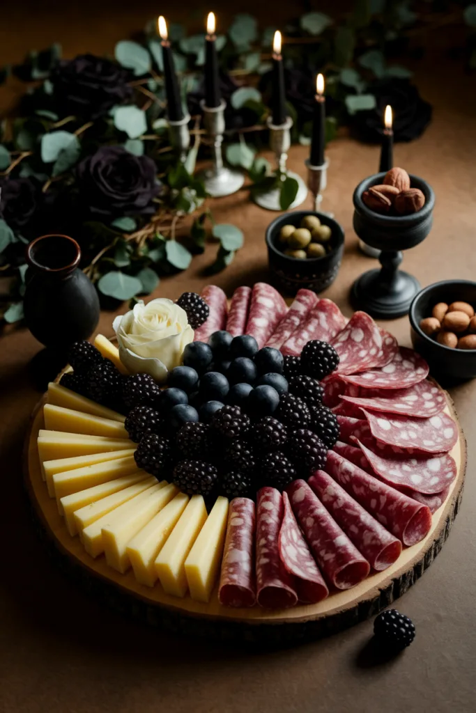 Elegant charcuterie board with cheese, salami, blackberries, and candles on a rustic table setting.