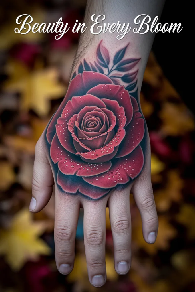 Hand tattoo with a vibrant red rose and dewdrops, against an autumn leaf background. Text: Beauty in Every Bloom.