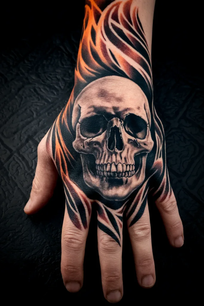 Realistic skull tattoo with fiery flames on hand, intricate black and orange design on black textured background.