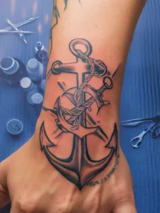 Tattoo of an anchor with rope on forearm beside tattoo tools on blue background.