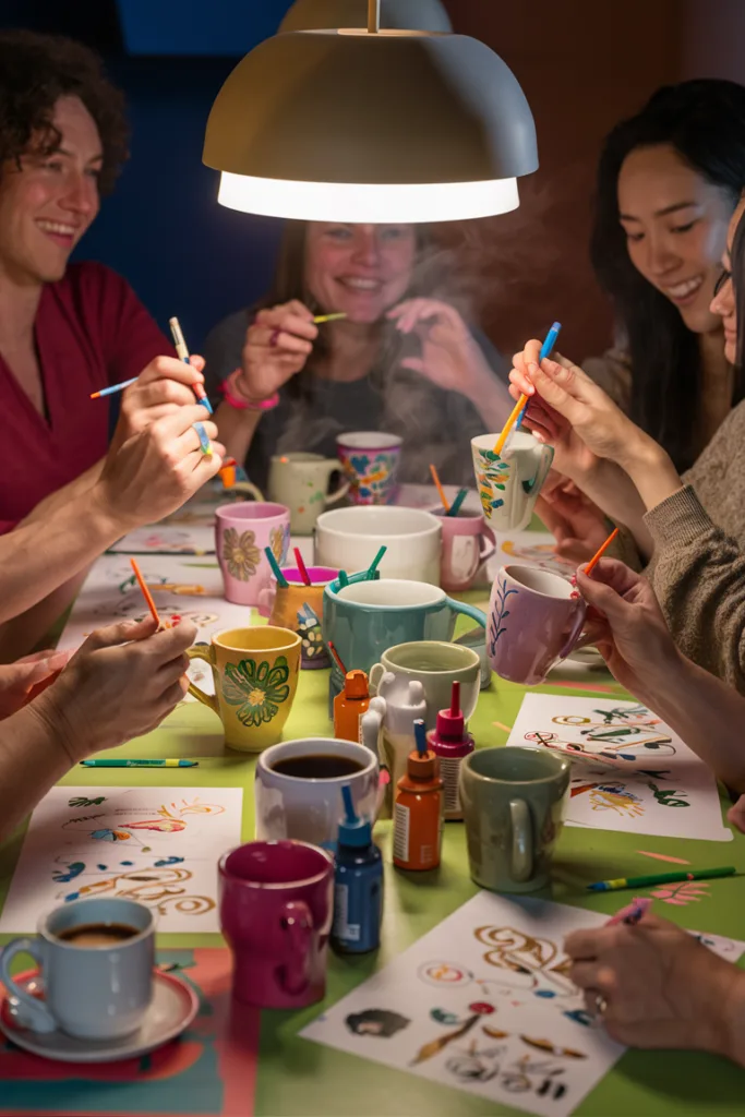 A group of friends painting mugs together, smiling and engaged in a creative art activity at a table.