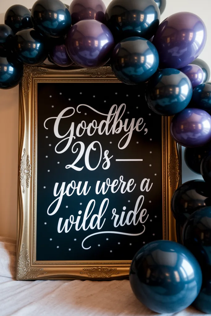 Framed Goodbye, 20s sign with dark balloons, celebrating the end of a decade with style and nostalgia.