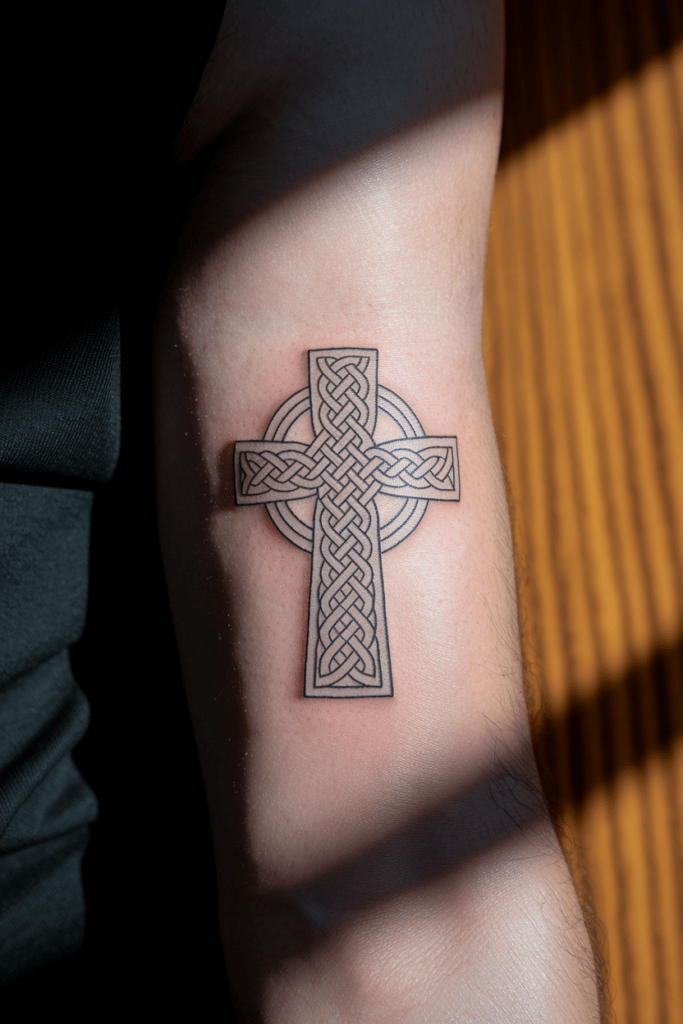 Intricate Celtic cross tattoo on arm with detailed knotwork design in sunlight.