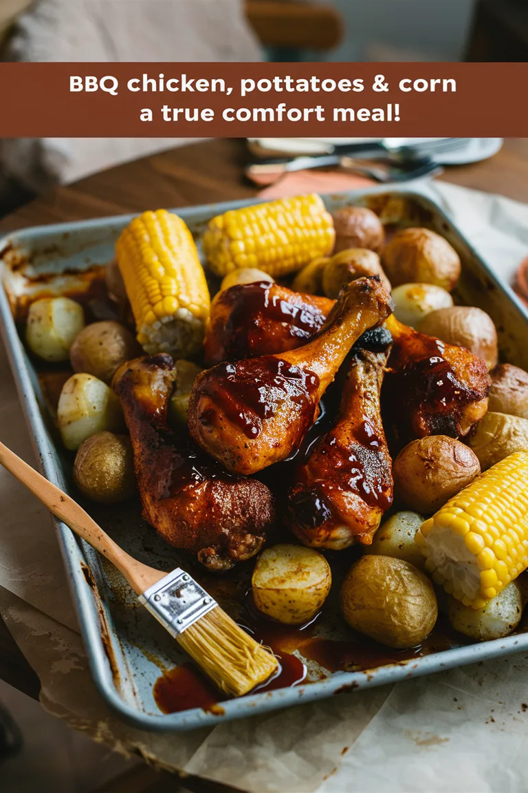 BBQ chicken with roasted potatoes and corn on a tray, perfect comfort food meal, ready to serve.