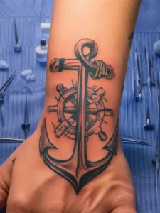 Anchor and ship wheel tattoo on a wrist, surrounded by tattoo tools on a blue cloth background.