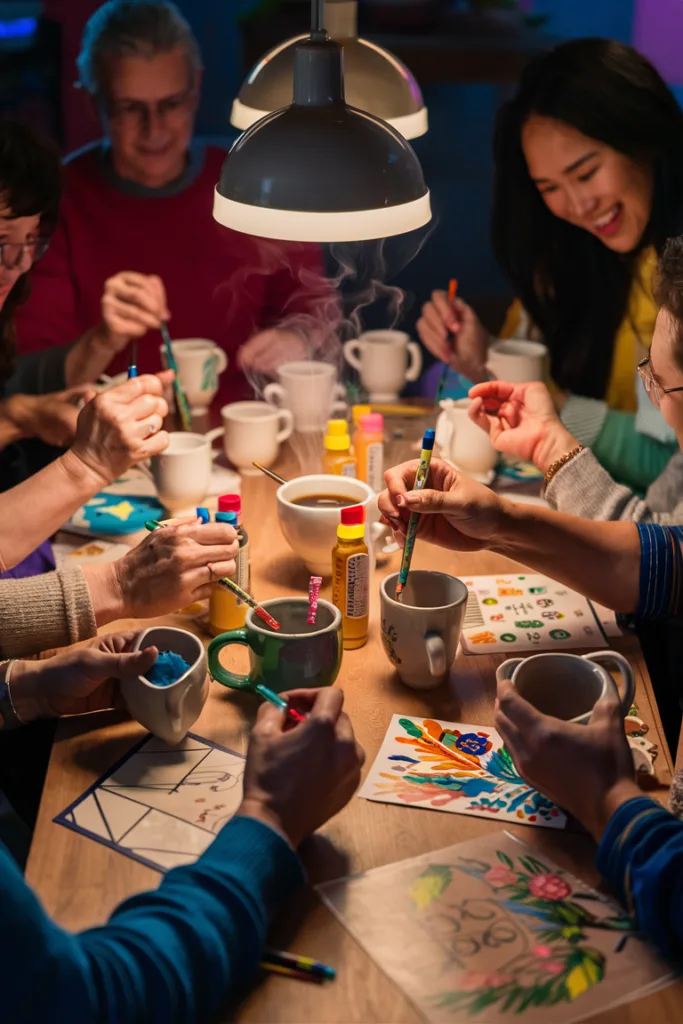 Group painting ceramic mugs at a table with vibrant colors and art supplies, creating fun DIY crafts.