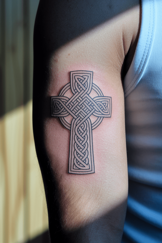 Intricate Celtic cross tattoo on upper arm, showcasing detailed knotwork design against a sunlit skin background.