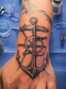 Anchor tattoo on hand surrounded by tattoo tools.