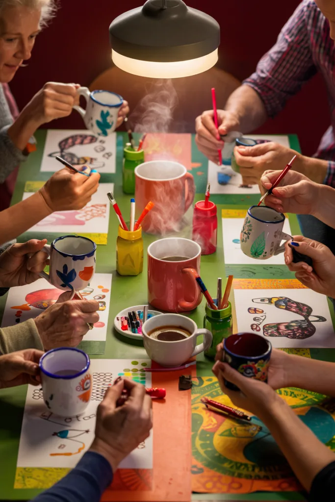 Adults painting colorful mugs and drinking coffee in a creative art session around a table.