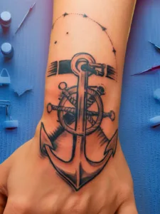 Anchor tattoo on wrist, surrounded by nautical elements and star constellations, on a blue background with tools.