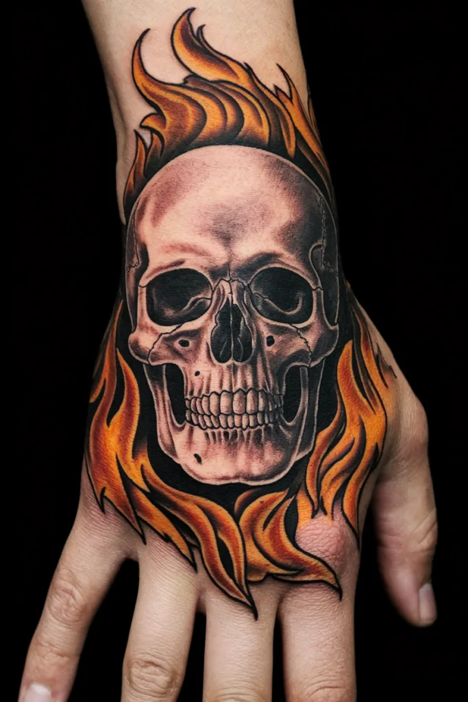 Skull tattoo with fiery flames inked on hand, showcasing bold colors and intricate design details.