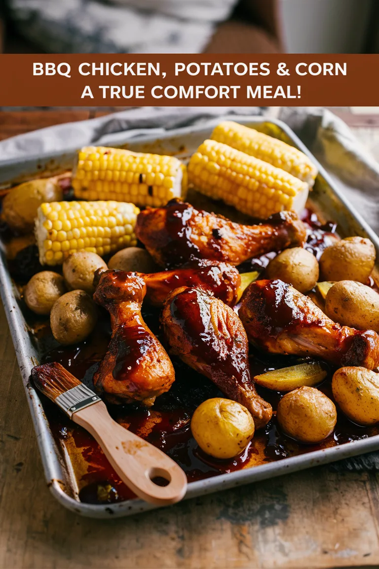 BBQ chicken legs, potatoes, and corn on a tray, perfect comfort meal.