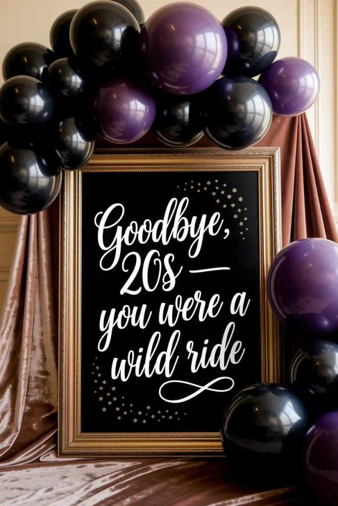 Sign reading Goodbye, 20s, you were a wild ride with purple and black balloons in a gold frame.