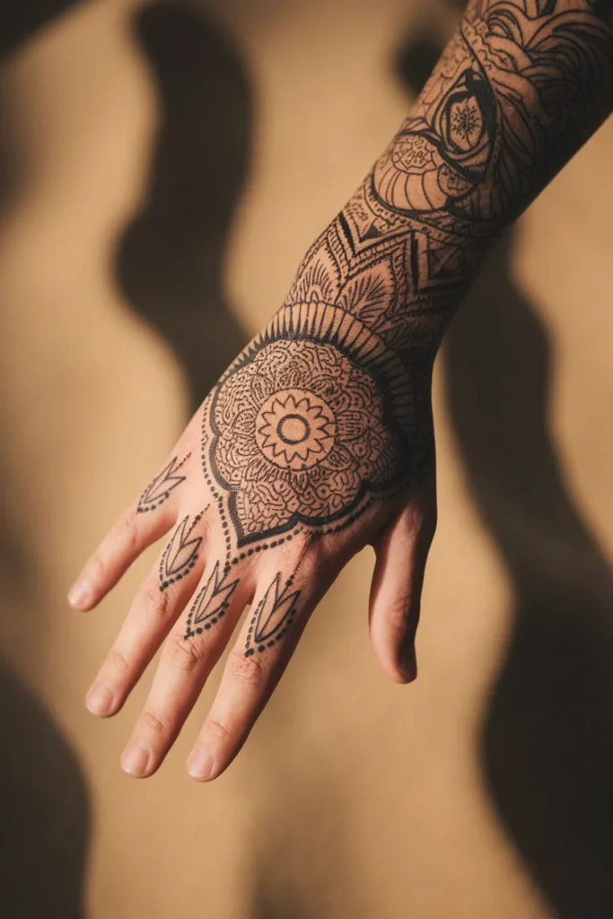 Intricate henna tattoo design on hand with mandala and floral patterns, casting a shadow on a beige background.